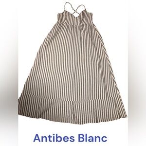 Antibes Blanc Anthropologie Linen Maxi Dress Blue and White Strip Size 8